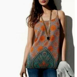 Cabi womens TANK top BOHO shirt ORANGE tan CAREER hippie SUMMER floral SIZE S